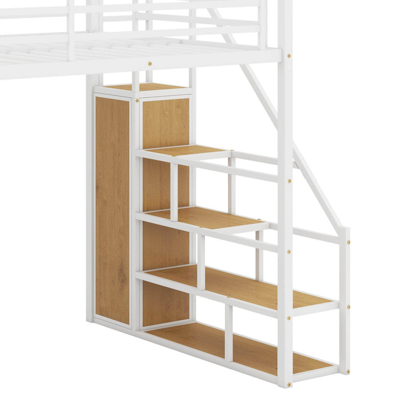 Lit mezzanine double en métal avec escalier de rangement, garde-robe, tablettes et casiers, Blanc