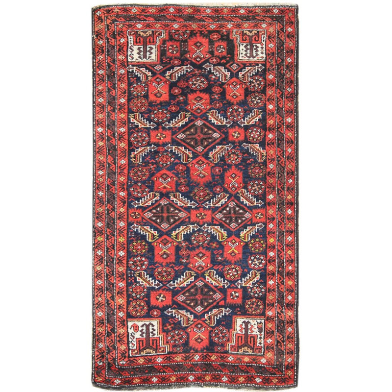 Tapis unique brique / bleu / bleu marine des années 30 de 3 pi x 5 pi 7 po Baluchi