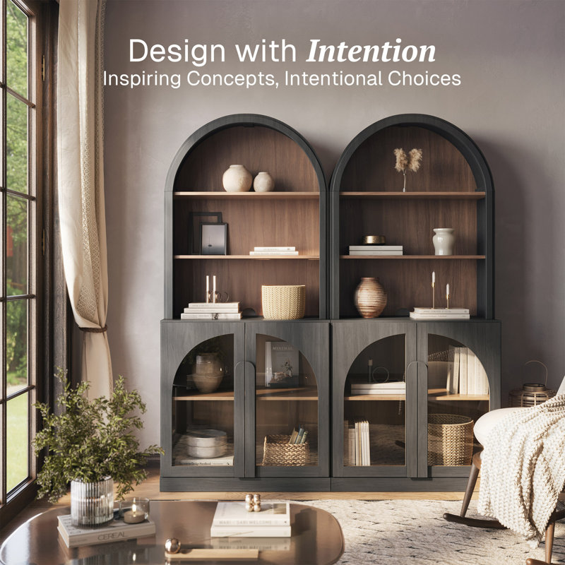 71" Tall Arched Bookshelf with Glass Doors, Set of 2, Ebony, Ebony