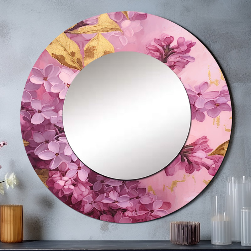 Serae rose doré lilas fragrants Blossum - grand miroir floral, rose rond unique miroir mural, impression en métal