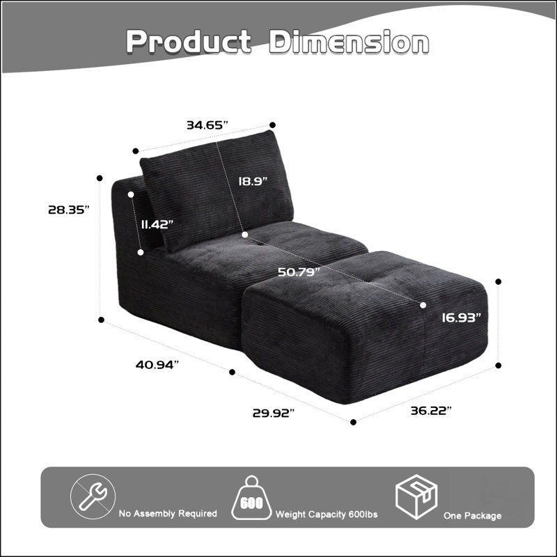 Canapé moderne en mousse à mémoire de forme compressée, méridienne simple pour le salon, canapé modulaire Cloud pour animaux de compagnie, tissu en velours côtelé, repose-pieds mobile, sans assemblage requis, noir
