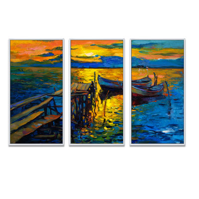 «Boat Pendant Evening Glow at the Lake II», ensemble d'art mural sur toile encadré nautique et côtier