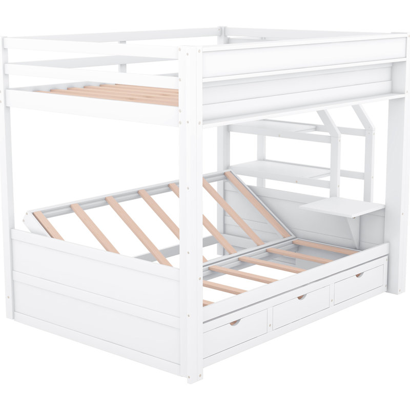 Lit superposé double blanc avec rangement: escalier, table de chevet, structure à 3 tiroirs, pas de sommier nécessaire pour économiser de l'espace