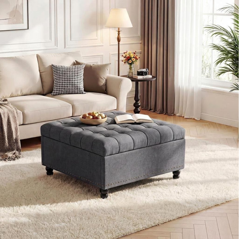 Grand repose-pieds de rangement carré de 36 po avec plateau relevable, banc de table basse rembourré capitonné de 300 lb avec pieds en bois robustes, boîte de rangement multifonctionnelle pour repose-pieds pour le salon et la chambre à coucher (gris)