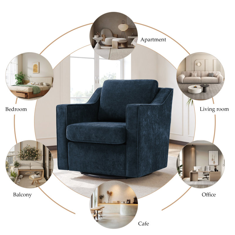 Chaise d'appoint pivotante rembourrée avec dossier et coussins de siège Bronnen, Bleu marine chenille