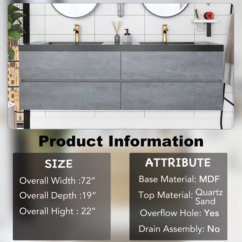 Meuble-lavabo double 72 po avec plateau en quartz Rytis