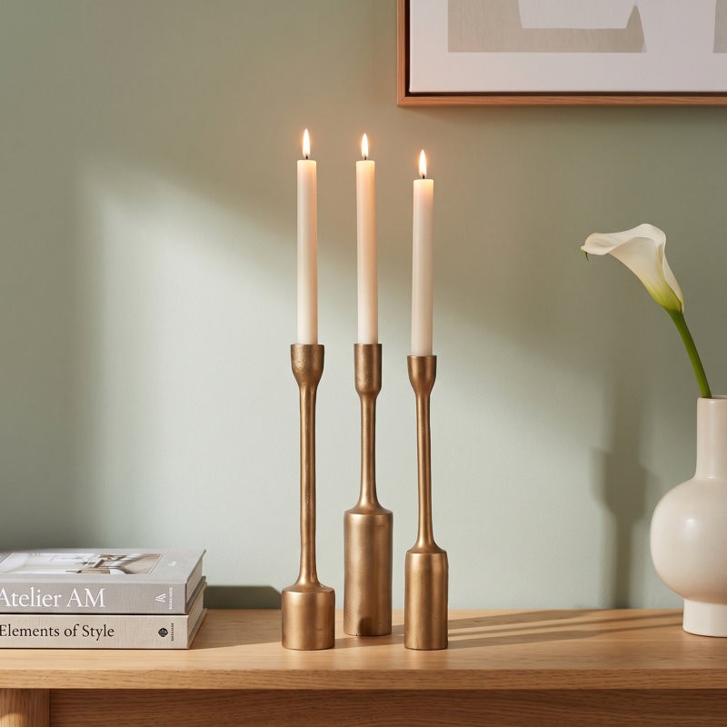 Imbali 3 Piece 12.6" Metal Tabletop Candlestick Set, Antique Brass
