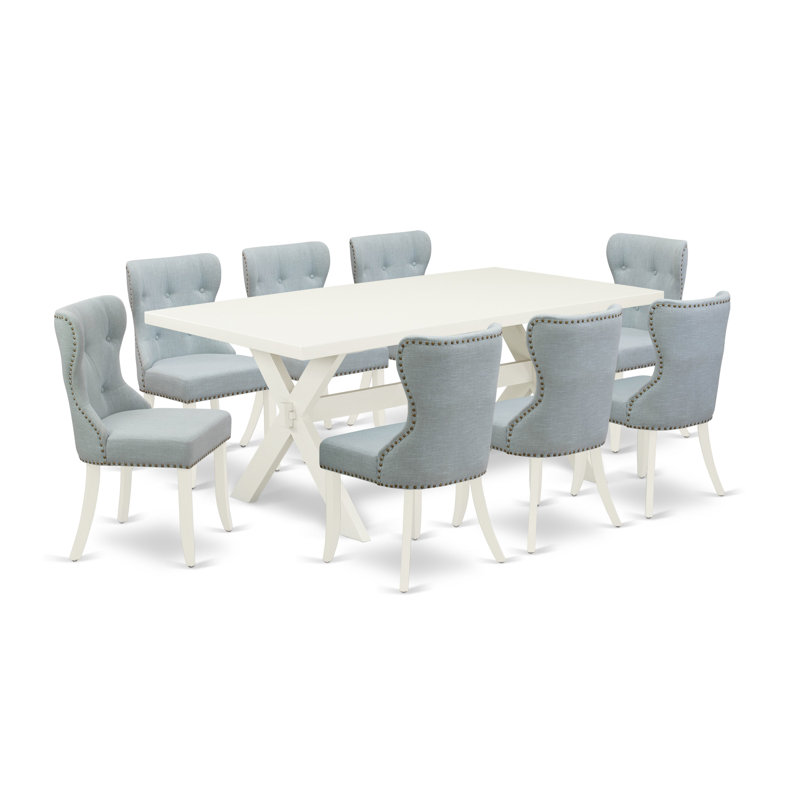 Ensemble de table de salle à manger 9 pièces comprenant une table de salle à manger rectangulaire avec pieds en X et 8 chaises rembourrées en lin bleu bébé, lin brossé blanc