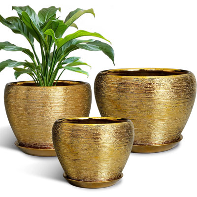 Ensemble de 3 jardinières en céramique dorée (10 po, 8 po, 6 po) avec trous de drainage et soucoupes