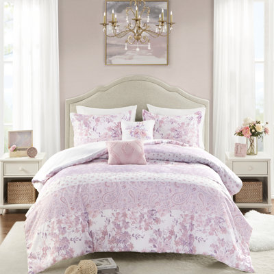 Lit double / grand avec édredon à motif cachemire floral, 2 taies décoratives et coussins, édredon rose pour lit double / grand, textile confortable