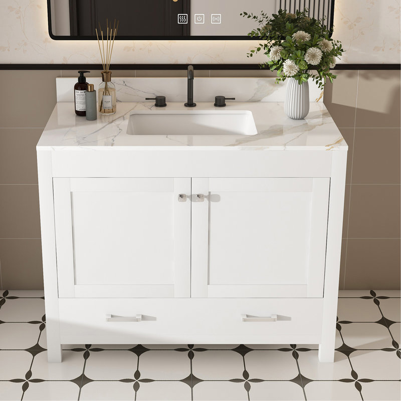 Ensemble de meuble-lavabo moderne de 43 po avec ensemble de couleurs Karalakin en marbre artificiel, armoire de salle de bain multifonctionnelle avec portes et tiroir, cadre solide et panneau de fibres à densité moyenne (trois trous de robinet)