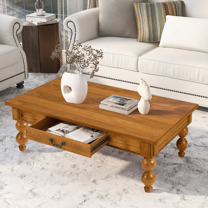 Table basse rectangulaire en bois rétro avec tiroir de rangement et gourde en bois massif - Pieds en forme pour une installation facile dans le salon