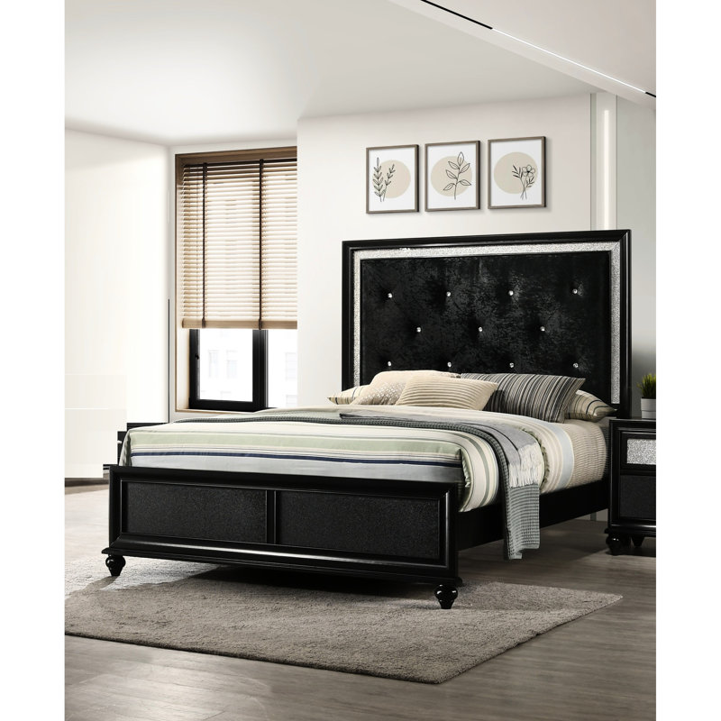 Lit double glamour à finition noire avec tête de lit à losanges et fabrication de chambre à coucher de style moderne en bois massif