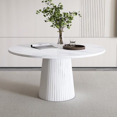 Round Dining Room Table, Farmhouse Kitchen Table With Wood Strip Base, 47.2“ Circle Table With Veneer Finish, Easy Assembly