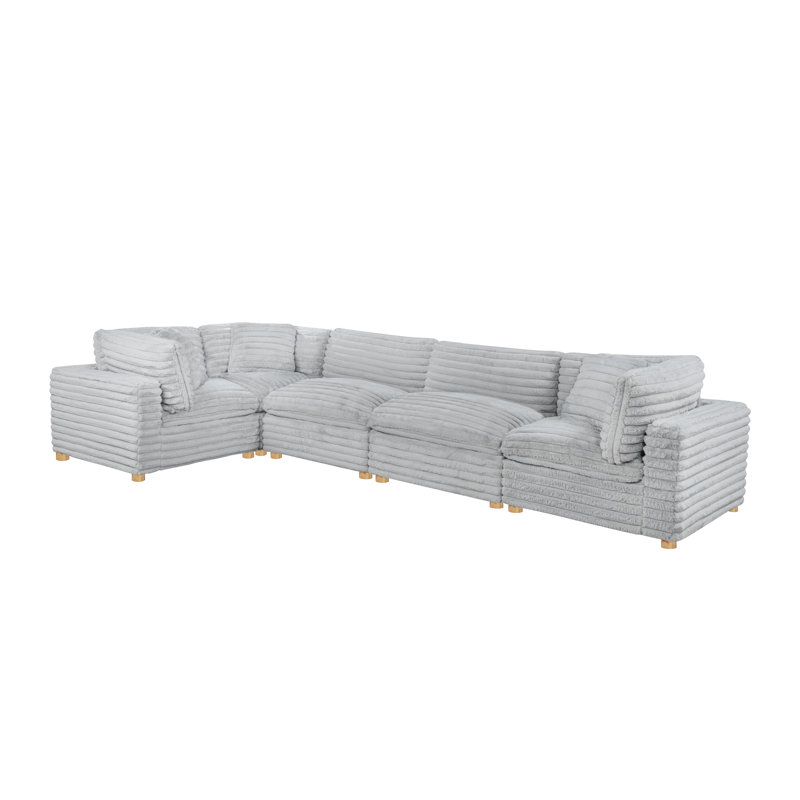 5-Piece Modular Sectional Set In Corduroy Velvet, Light Gray