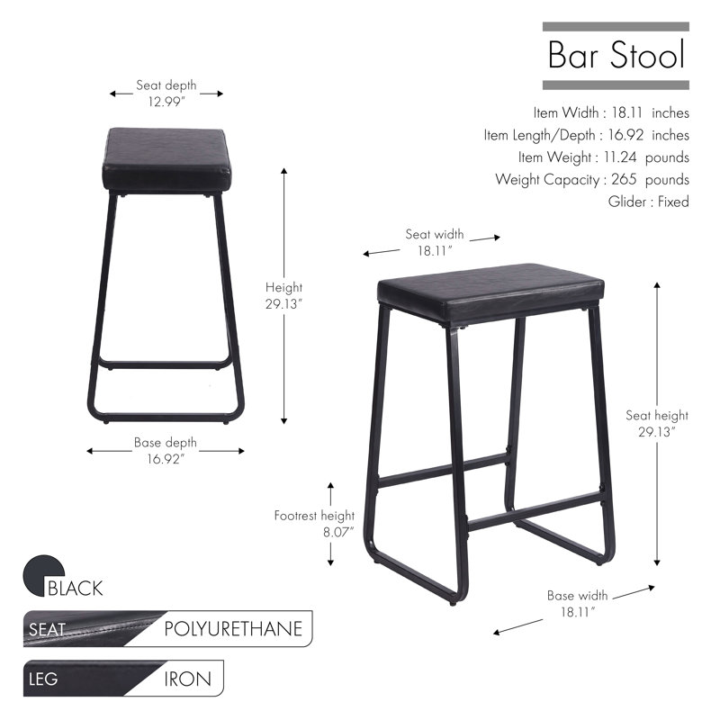 Ebern Designs Senga Bar Stools Set Of 2, Pu Leather, Iron Legs, Black