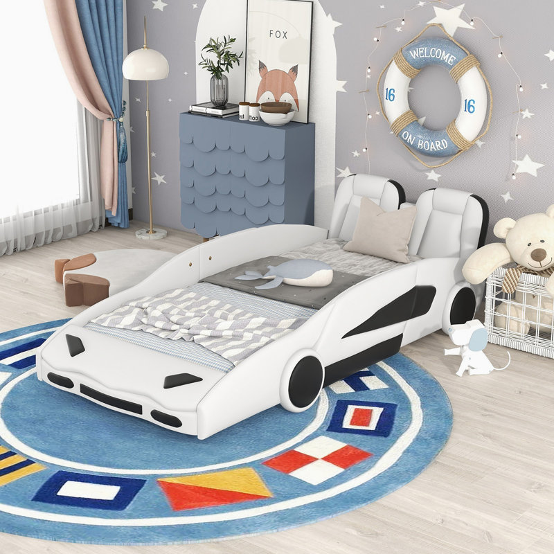 Anqunette Vegan Leather Platform Bed, White, Twin