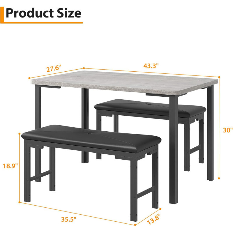 Ensemble de table de salle à manger pour 4, table de cuisine 3 pièces avec 2 bancs rembourrés, ensemble de salle à manger peu encombrant pour coin-repas et petits espaces, gris