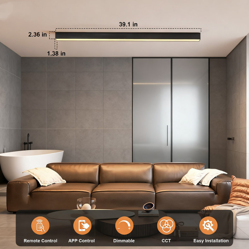 Smart LED Ceiling Light With Remote Control, Dimmable Flush Mount Fixture, 30W Adjustable Color Temperature, Anti-Glare Linear Light For Living Room, Kitchen, Bedroom, Office