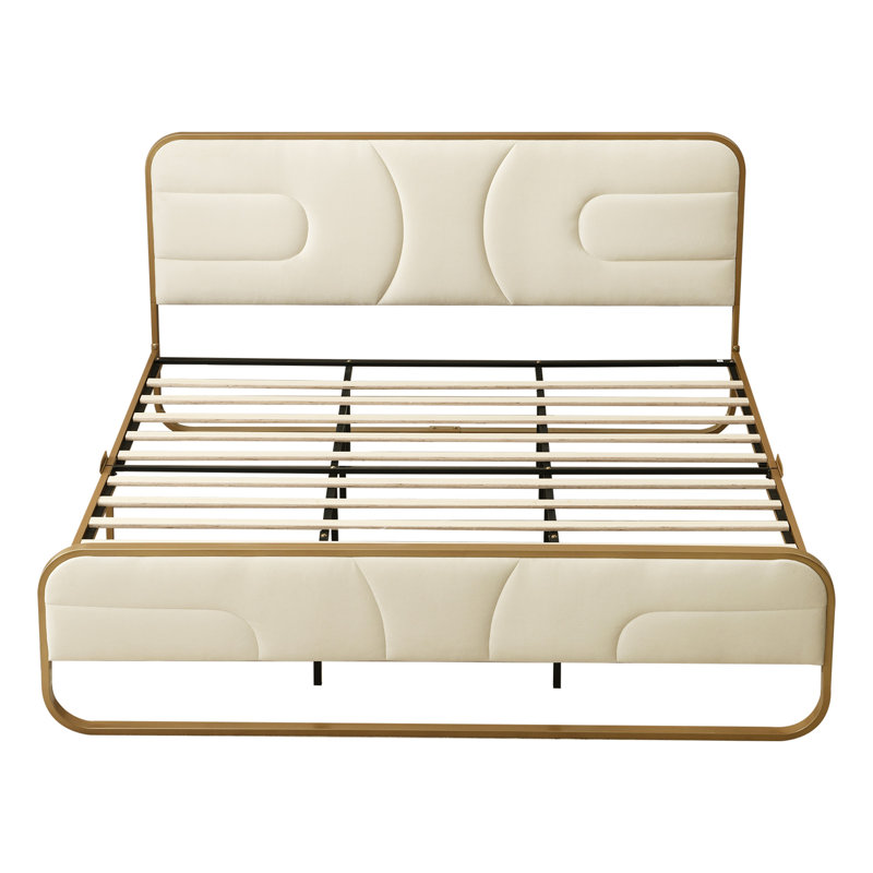 Lit plateforme tapissier Nelsie avec tête de lit capitonnée en velours, Très grand, Beige