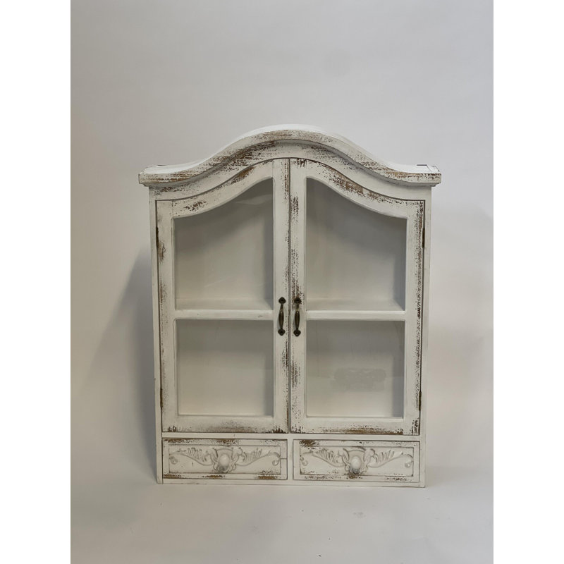 Armoire blanche rustique avec 2 tiroirs et portes en verre