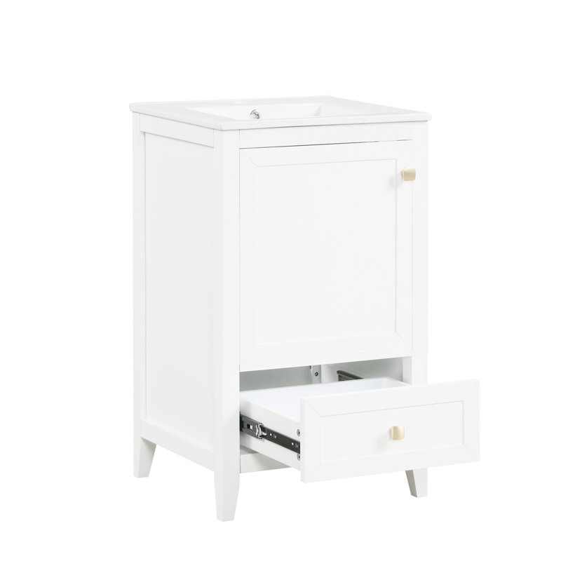 Meuble-lavabo blanc de 20 po avec lavabo, porte à fermeture douce, support de rangement, tiroir, tableau de haute qualité, finition peinte, forme rectangulaire, montage autoportant, installation de lavabo simple de 20 po en blanc