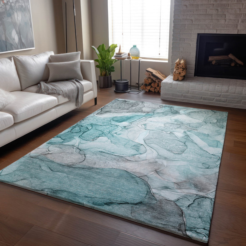 Tapis bleu sarcelle lavable à la machine de qualité supérieure 10 pi x 14 pi Cerrito AMF512, Rectangulaire 3 pi x 5 pi