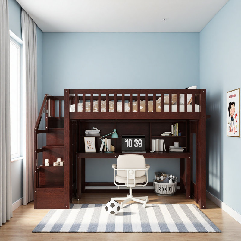 Lit mezzanine avec bureau mobile et tablette de rangement, avec escalier de rangement, Lit simple, Espresso