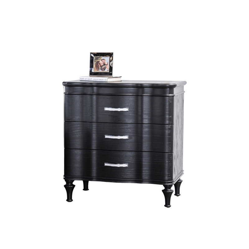 Table de chevet Eleena, 3 tiroirs, argent, poignées en métal 28 po, Noir/chrome
