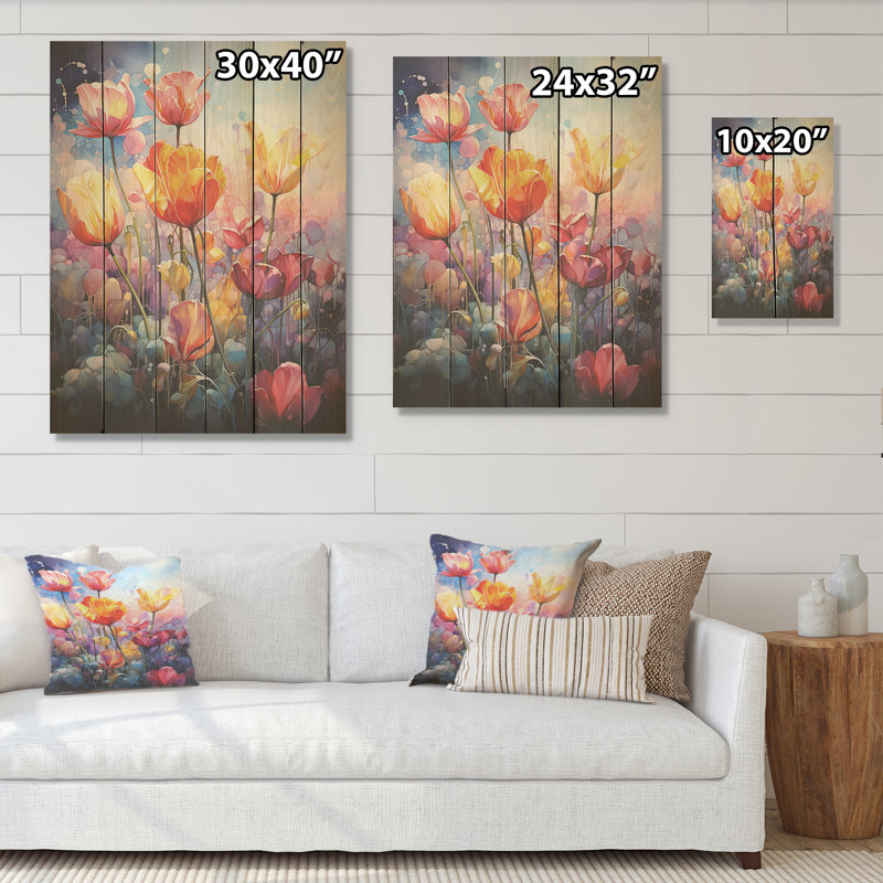 Multicolore tulipes célestes la nuit I - tulipes, art mural sur bois de pin naturel, H 40 po x l 30 po