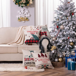 Christmas Throw Pillow Covers 18 x 18 Inch Set of 4, Tree Snow Sleigh Merry  Bright Xmas Throw Pillowcases Farmhouse Cushion Cases for Sofa Couch  Decoration