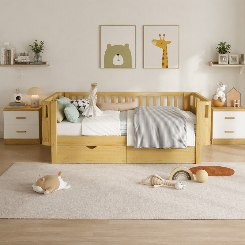 Lit plateforme simple en bois avec rails, base de lit en bois naturel à profil bas pour enfants garçons et filles