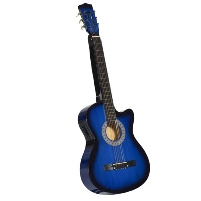 38 Inch Blue Cutaway Acoustic Electric Guitar, Full Size Classical Junior Guitar With Premium Gloss Finish And Protective Carry Case For Beginner Students
