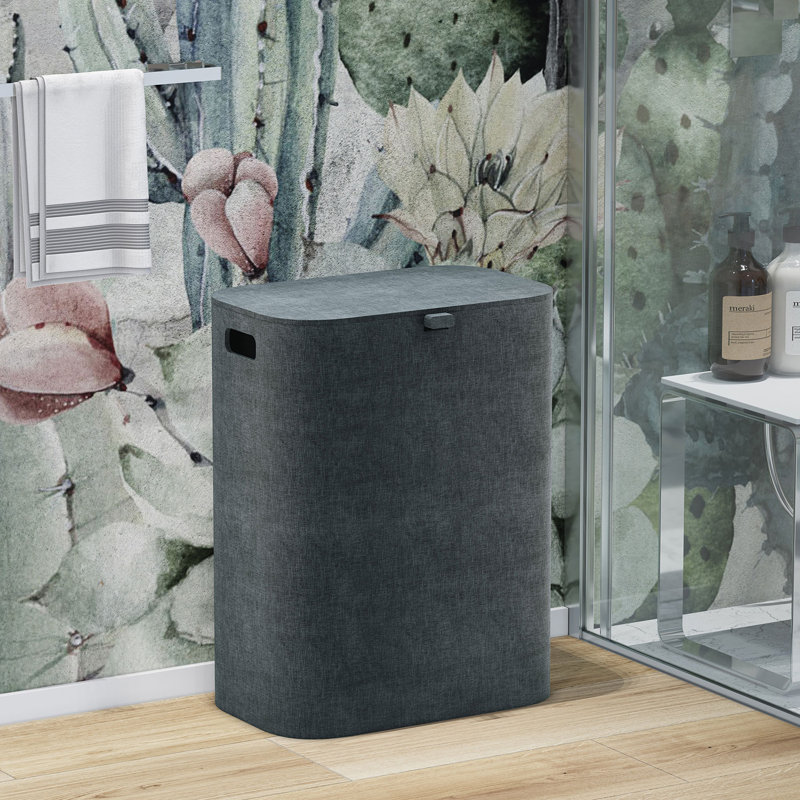 Linen Faux Polyester Laundry Basket with Handles, Cream