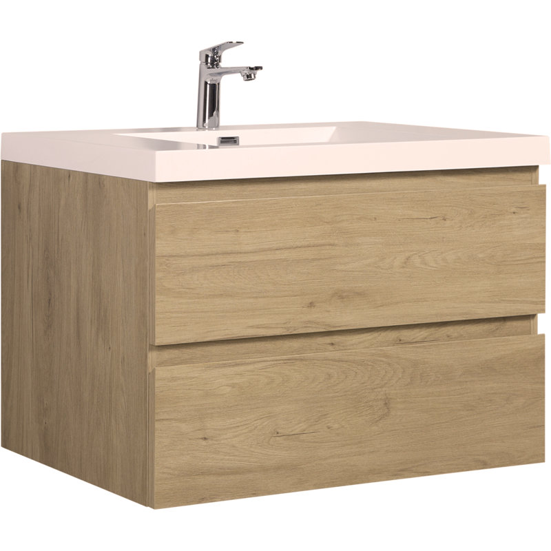 Meuble-lavabo mural 36 po avec lavabo flottant, meuble-lavabo mural moderne avec lavabo en résine et tiroirs, Chêne