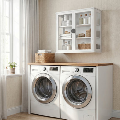 28''W Laundry Room Wall Cabinet with Tempered Glass Doors for Laundry,Kitchen,Living Room