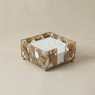Porte-serviette à feuilles de ginkgo doré antique, plateau de serviettes plat carré en métal de 5,9 po, décoration de table rétro rustique pour la cuisine, la salle à manger et le bar