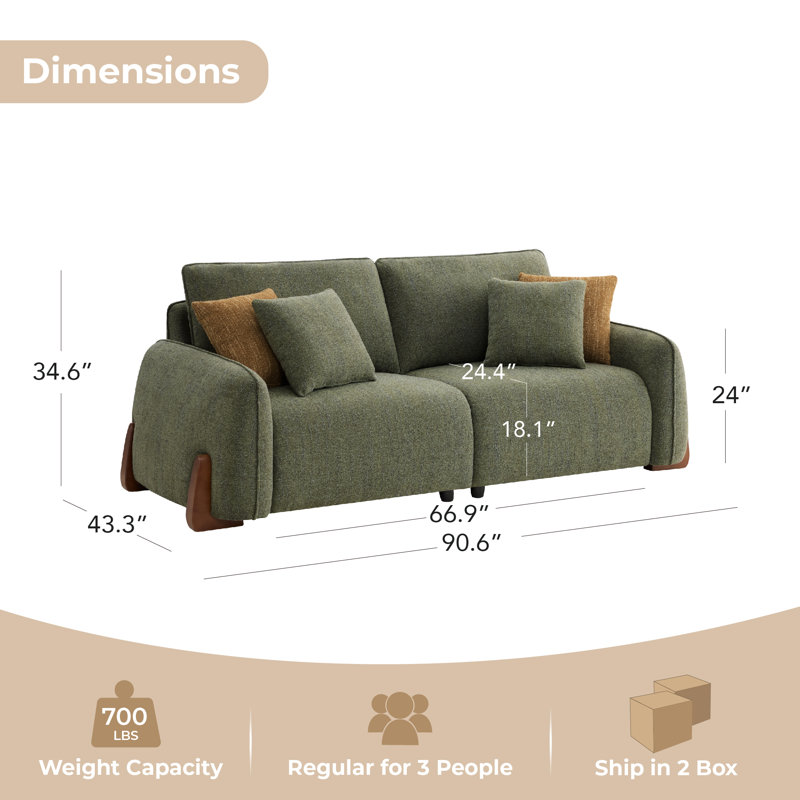  90'' Upholstered Modern Modular Sofa With Wood Legs, Forest Green