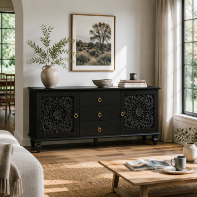 Farmhouse TV Stand with Hollow Carved Doors, Vintage Black Wood Sideboard Buffet Storage Cabinet with 3 Drawers & Adjustable Shelves, Retro Freestanding Console Table for Living Room Dining Room Entryway