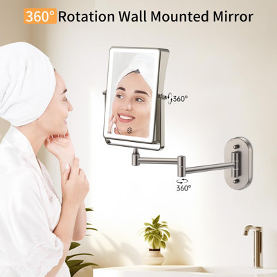Rechargeable Wall Mounted Makeup Mirror With Lights, 8.7" Double Sided 1X/30X Magnifying Mirror With Dimmable 3 Color Light, Extended Swing Arm 360° Wall Mount Bathroom Vanity Mirror