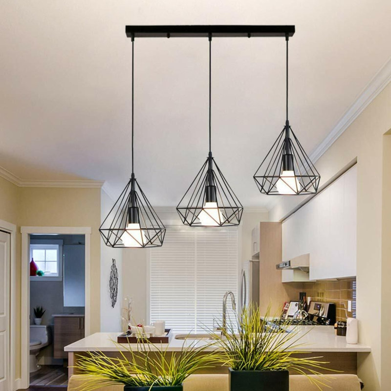 Borough Wharf Boxrah 3-Light Kitchen Island Geometric Pendant – Modern Industrial Design, Ideal for Low Ceilings, Yes