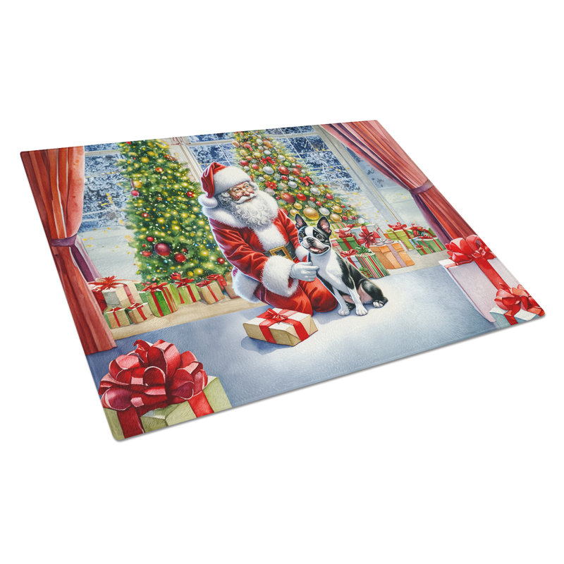 Planche à découper en verre Boston Terrier and Santa Claus