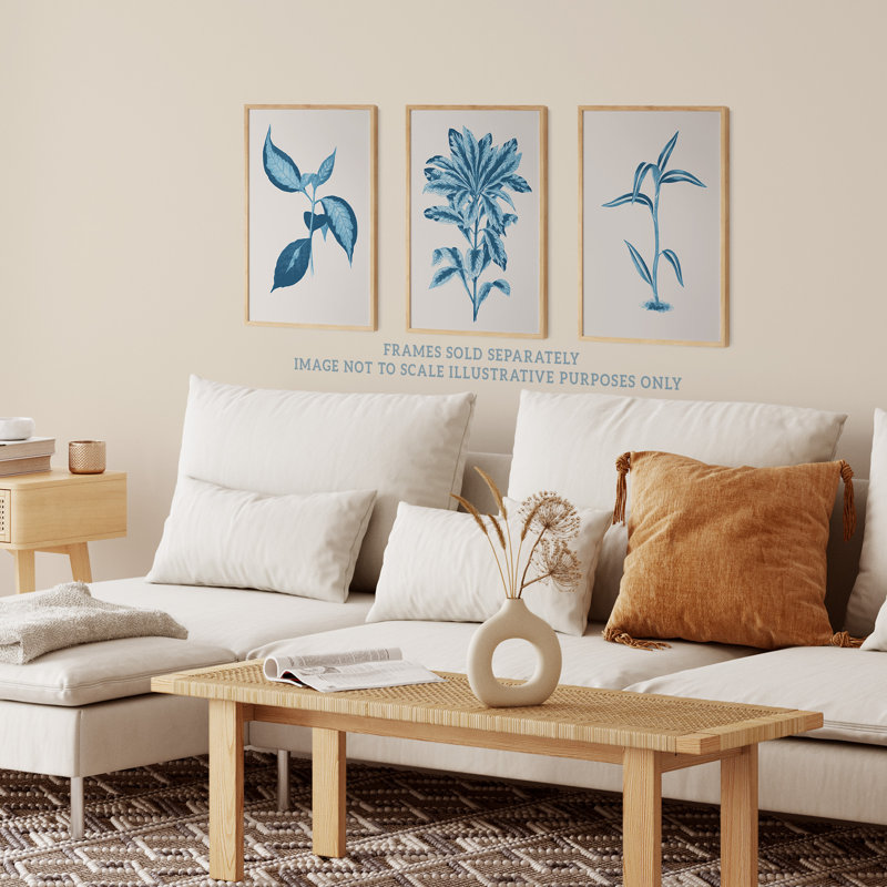 Modern Audubon Style Blue On Beige Detailed Leafy Plant Botanical - 3 Piece No Frame Print Set, 29.7cm H x 21cm W x 0.4cm D