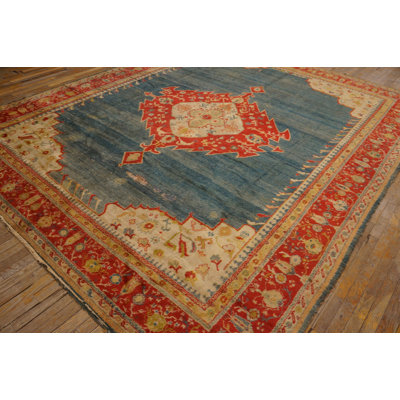 Bold Open Light Blue Field Tribal Antique Red Medallion Design Turkish Angora Oushak Rug