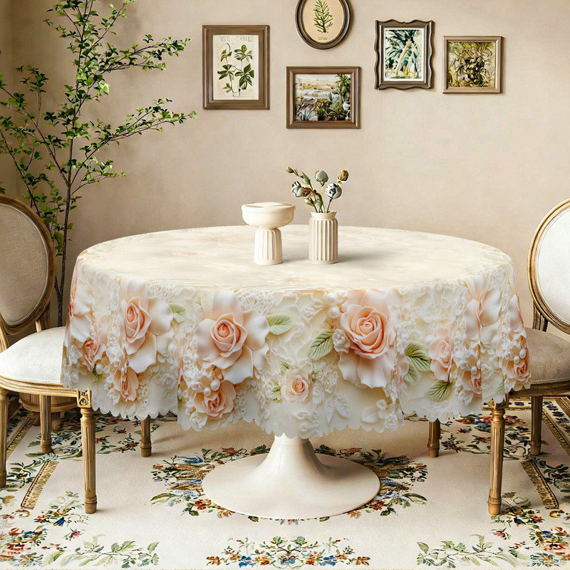 Rose Floral Pattern Design Machine-Washable Polyester Tablecloth
