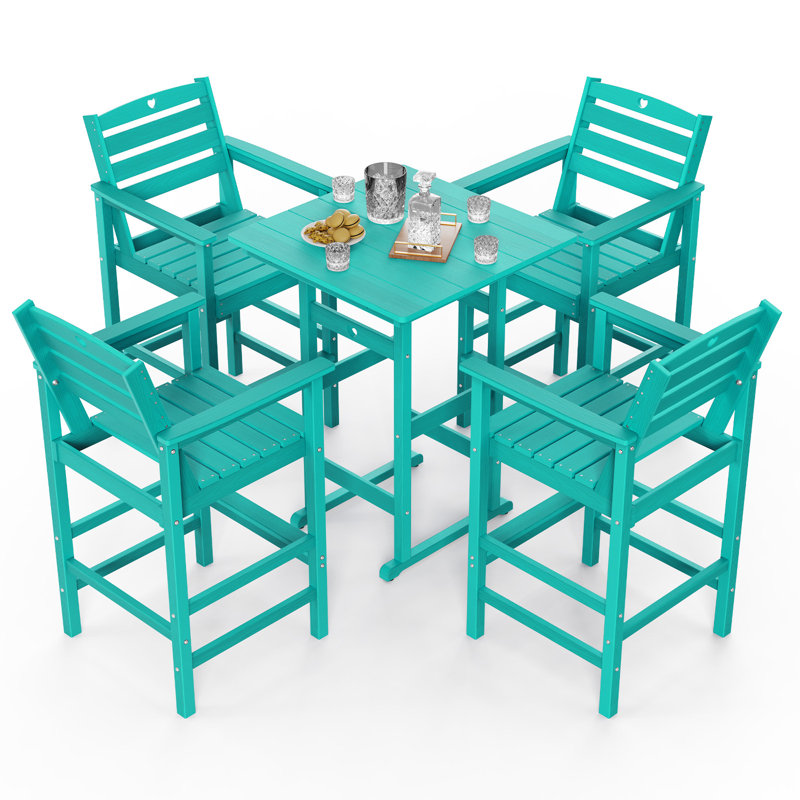 Bar Height Outdoor Table and Chairs Set, HDPE Wood Grain Patio Bar Table and Chairs with Heart Cutout Design, Blue
