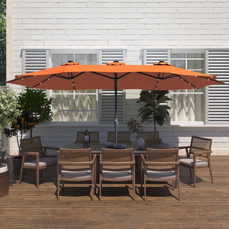 Parasol de marché extérieur à double face avec base 36 lumières à DEL avec couvercle Kirkbride 181 po x 106 po, Orange