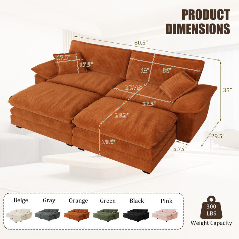 Canapé modulaire 80,5 pouces avec repose-pieds modulaire avec repose-pieds Cloud, Orange