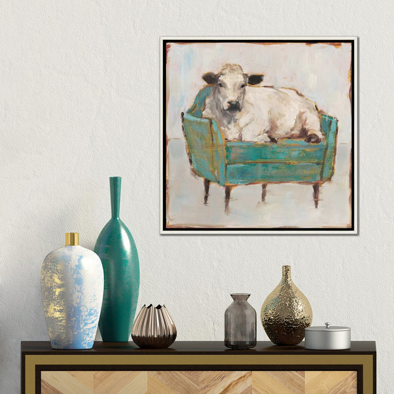 «Moo-ving in I» par Ethan Harper - Peinture, H 18 po x l 18 po x P 1 po, Encadrement blanc vieilli