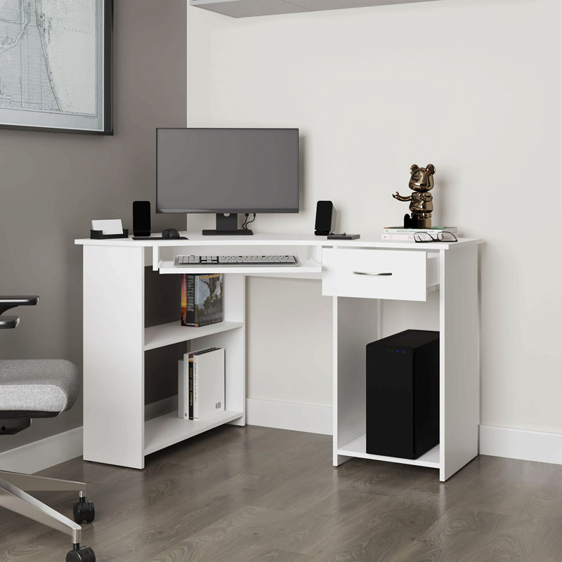 Bureau d'angle en coin, bureau en L avec tiroir, tablettes et espace pour unité centrale, Blanc